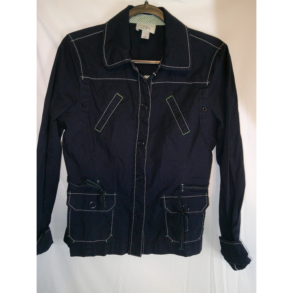 Ann Taylor LOFT Navy Blue Jacket Women Size 8 White Stitching Utility Button